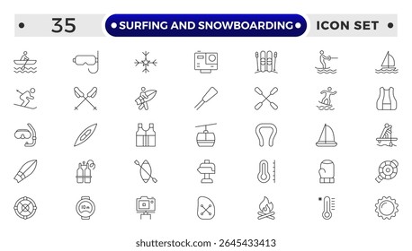 Surfing and Snowboarding Outline Icon Set – Extreme Water and Mountain Sports.
