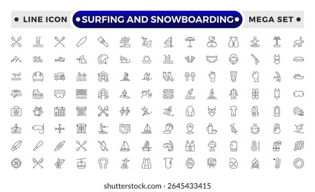 Surfing and Snowboarding Outline Icon Set – Extreme Water and Mountain Sports.
