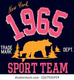 Surfing sport bear typography, tee shirt graphics, vectors Number 1965 Embroidered college style.