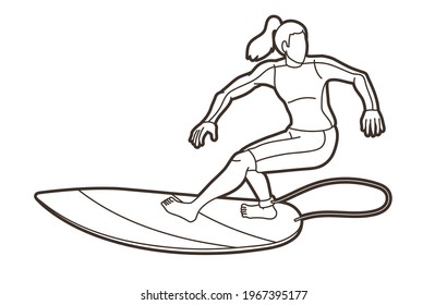 Surfing Sport Female Player Cartoon Outline Graphic Vector