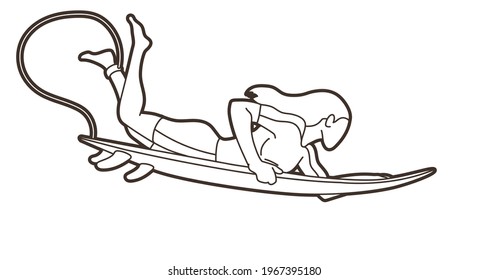 Surfing Sport Female Player Cartoon Outline Graphic Vector