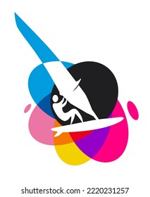 Surfing sport graphic with colorful design elements.