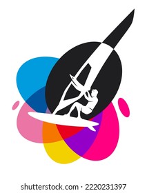 Surfing sport graphic with colorful design elements.