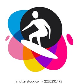Surfing sport graphic with colorful design elements.