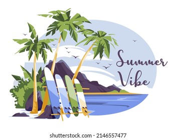 Surfing sport and leisure flat vector illustration. Tropical paradise coastal landscape with surfboards