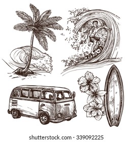 Surfing Sport And Lifestyle Wave Surfboard Beach And Van Sketch Decorative Icon Set Isolated Vector Illustration 