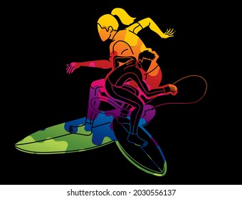 Surfing Sport Male and Female Players Cartoon Graphic Vector