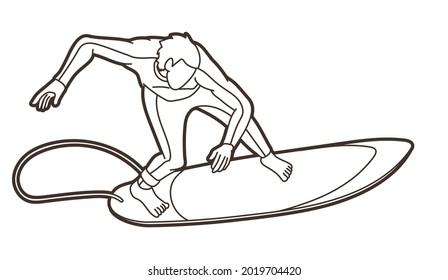 Surfing Sport Male Player Surfer Action Cartoon Graphic Vector