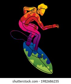 Surfing Sport Man Surfer Action Cartoon Graphic Vector