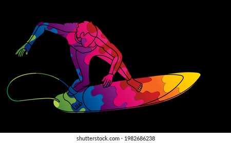 Surfing Sport Man Surfer Action Cartoon Graphic Vector