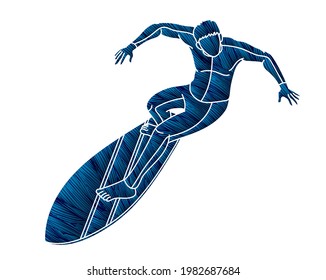 Surfing Sport Man Surfer Action Cartoon Graphic Vector