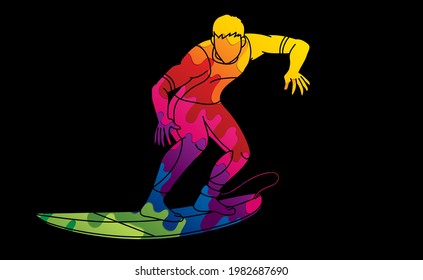 Surfing Sport Man Surfer Action Cartoon Graphic Vector