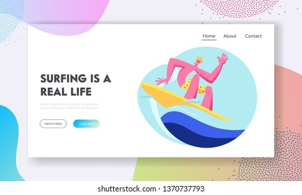 Surfing Sport, Recreation. Young Surfer Riding Sea Wave on Surf Board. Summertime Activity, Healthy Lifestyle, Vacation Leisure Website Landing Page, Web Page. Cartoon Flat Vector Illustration, Banner