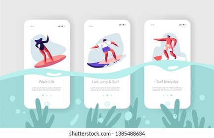 Surfing Sport, Recreation.Mobile App Page Onboard Screen Set. Young Surfers Riding Sea Wave on Surf Board. Summertime Vacation, Leisure Concept for Website or Web Page Cartoon Flat Vector Illustration