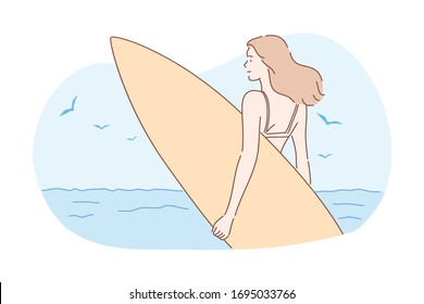 Surfing, sport, summer vacation concept. Young happy woman surfer in bikini, girl teenager athlete stands on sea ocean coast with surfboard. Exstreme sport activity. Lifestyle. Summer vacation. Vector