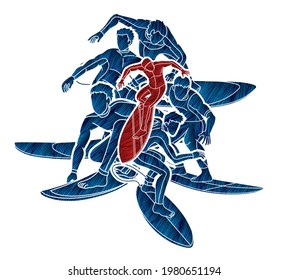 Surfing Sport Surfer Male Players Action Cartoon Graphic Vector