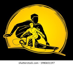 Surfing Sport Surfer Male Players Action Cartoon Graphic Vector