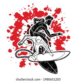 Surfing Sport Surfer Male Players Action Cartoon Graphic Vector