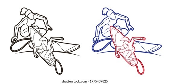 Surfing Sport Surfer Woman Players Action Cartoon Graphic Vector