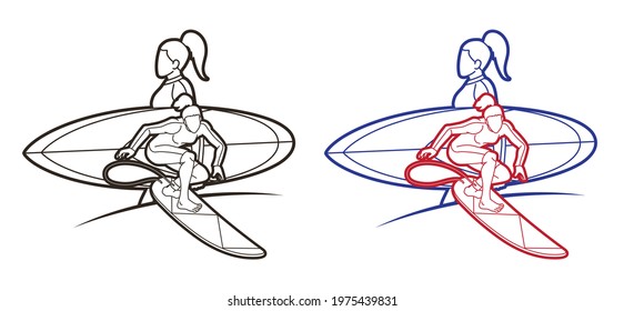 Surfing Sport Surfer Woman Players Action Cartoon Graphic Vector