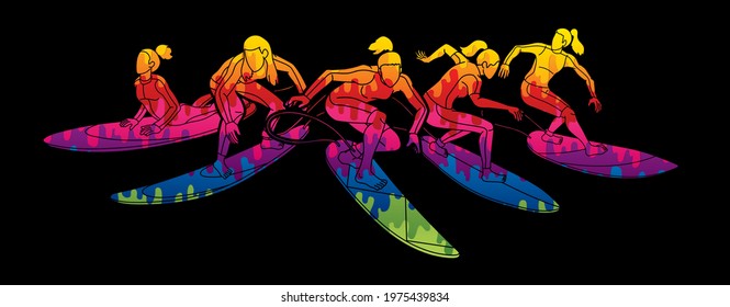 Surfing Sport Surfer Woman Players Action Cartoon Graphic Vector