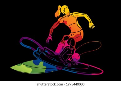 Surfing Sport Surfer Woman Players Action Cartoon Graphic Vector