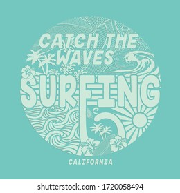 Surfing sport typography, tee shirt graphics, vectors