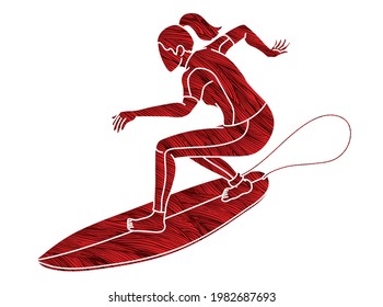 Surfing Sport Woman Surfer Action Cartoon Graphic Vector