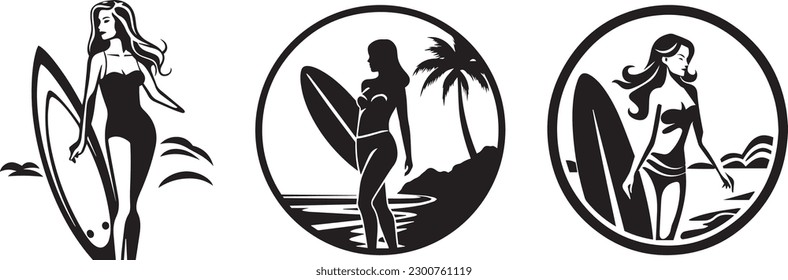 Surfing sports icons, black and white, 100% editable colorable