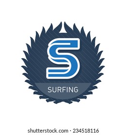 Surfing - Sports and Recreation Label or heraldic Icon with letter F and laurel wreath. Vector illustration.