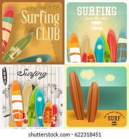 Surfing Square Posters Set in Vintage Style for Surf Club or Shop. Vector Illustration