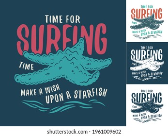 Surfing with starfish on coast. Hawaii emblem with marine star for t-shirt beach design. Print set