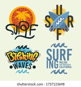 Surfing Style Surf Summer Time Beach Life Hand Lettering  Vector Illustrations Set Designs.