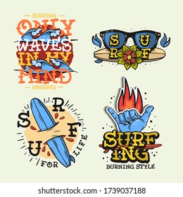 Surfing Style Surf Summer Time Beach Life Traditional Tattoo Influenced Hand Lettering  Vector Illustrations Set Designs.