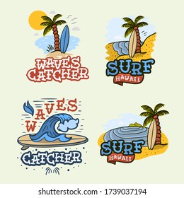 Surf Estilo Surf Tiempo De Verano Vida De Playa Tatuaje Tradicional Influenciado Por Ilustraciones De Vectores De Cartas A Mano Diseñadas.