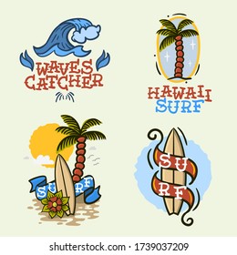 Surfing Style Surf Summer Time Beach Life Traditional Tattoo Influenced Hand Lettering  Vector Illustrations Set Designs.
