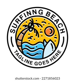 Surfing Summer Beach Monoline Logo Vector Vintage Emblem Design badge illustration Symbol Icon