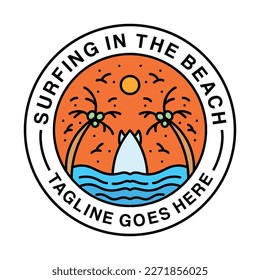 Surfing Summer Beach Monoline Logotipo Vector Emblema vintage Ilustración Símbolo Icono