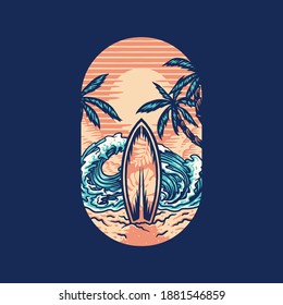 Surfing summer beach t-shirt graphic design, hand drawn line with digital color, vector illustration