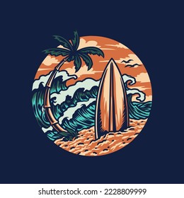 Surfing summer beach t-shirt graphic design, hand drawn line with digital color, vector illustration