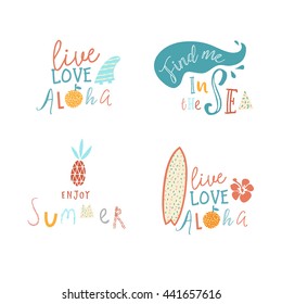 Surfing summer beach vector print and logo set. Summertime designs for shirt or poster. Vector surf labels, badges and design elements.