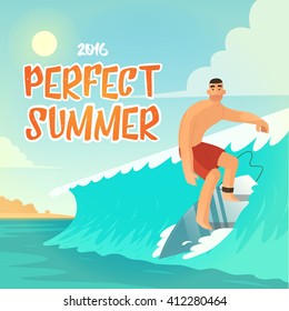 Surfing in the summer. Catching big wave. Sport and recreational activity.