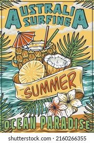 Surfing summer exotic print. Surf beach bar patry poster witn tropical leaves and cocktails