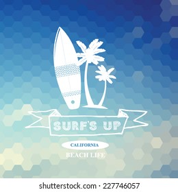 Surfing summer icon, vector label.