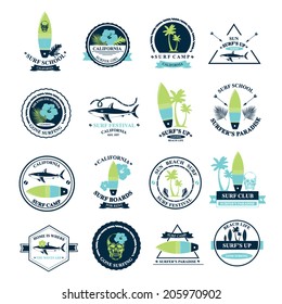 Surfing summer icons,vector labels collection.