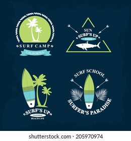 Surfing summer icons,vector labels collection.