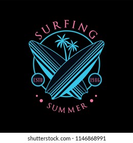 Surfing summer logo estd 1986, design element can be used for surf club, shop, t shirt print, emblem, badge, label, flyer, banner, poster vector Illustration