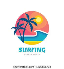 Surfing summer nights - concept business logo vector illustration in flat style. Tropical holiday paradise creative badge. Palms, beach, sunrise, sea wave. Travel webbanner or poster. 