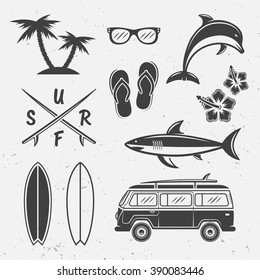 Surfing, summer rest and travel set of vector black icons and design elements isolated on gray background with grunge texture. Hippie bus, shark, dolphin and other silhouettes, graphics elements.