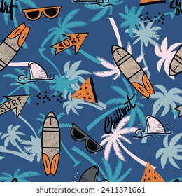 Surfing summer seamless pattern.Palm leaf, surfboard and shark drawing. For textile and more